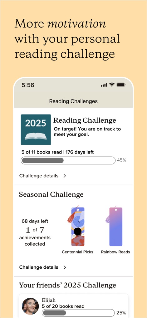 Goodreads: Book Tracker & More - Users can boost their reading motivation with the personal "Reading Challenge" progress tracker and explore additional thematic goals through seasonal challenges.