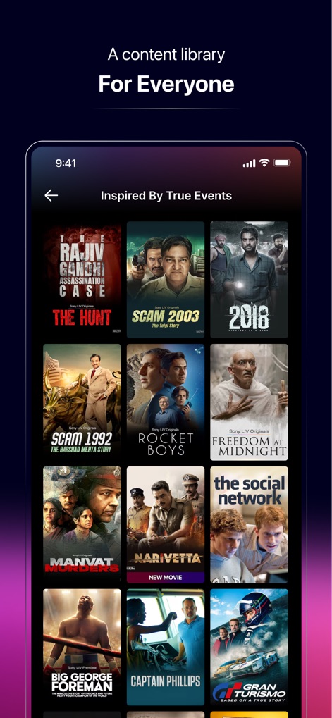 Sony LIV - Une bibliothèque de contenu thématique est présentée, incluant la catégorie 'Inspired By True Events' (Inspiré de faits réels), et affichant une variété de titres captivants comme "Scam 2003" et "Rocket Boys".