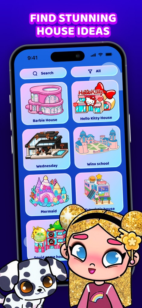 Avatar World - Cute Life Mods - Users can browse a rich catalog of map and house ideas, featuring popular themes like the iconic 'Barbie House' and whimsical 'Hello Kitty House' for creative world-building.