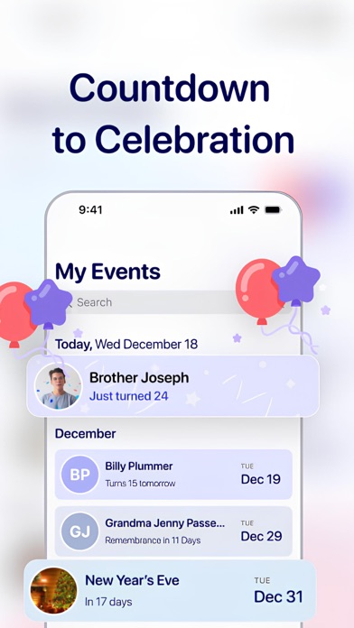 Birthday Reminder and Calendar Screenshot