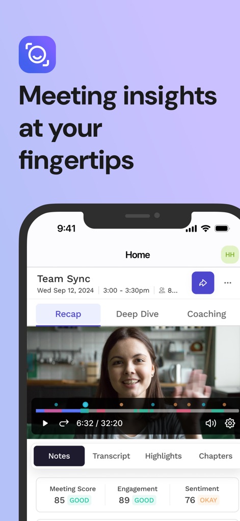 Read AI: Transcripts and Notes - Esta tela exibe uma análise pós-reunião, destacando métricas como "Meeting Score" para desempenho e a navegação entre abas como "Recap" e "Deep Dive" para aprofundamento do conteúdo.