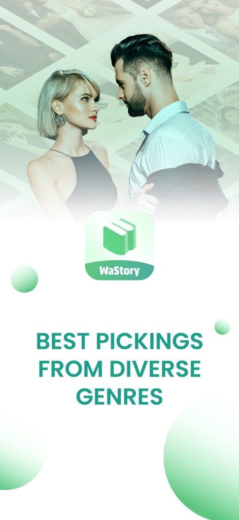 WaStory - This initial screen showcases the app's commitment to "BEST PICKINGS FROM DIVERSE GENRES," inviting users into a world of stories with captivating imagery of a romantic couple and subtle book cover overlays.
