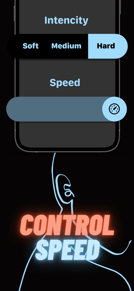 Vibrator - Strong Massage App - La aplicación permite un control detallado de la vibración, con opciones para ajustar la intensidad, desde "Suave" hasta "Duro", y un deslizador dedicado para modificar la velocidad de los patrones.