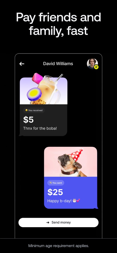 Revolut — Teen Finance - アプリは友人や家族への迅速な送金機能を提供し、ユーザーはメッセージを添えて5ドルを受け取ったり、誕生日に25ドルを送ったりできます。