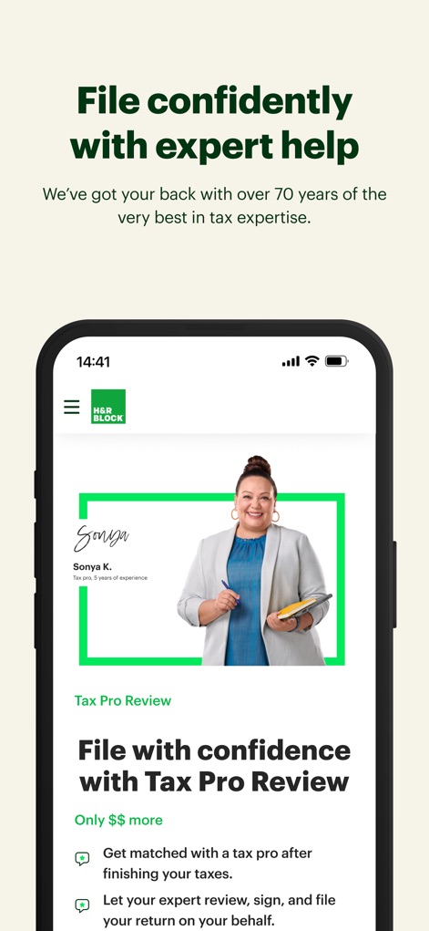 H&R Block Tax Prep: File Taxes - This tool enhances confidence with the "Tax Pro Review" feature, showcasing a personalized expert profile including Sonya K.'s photo and signature, alongside an explanation of the professional review benefits.