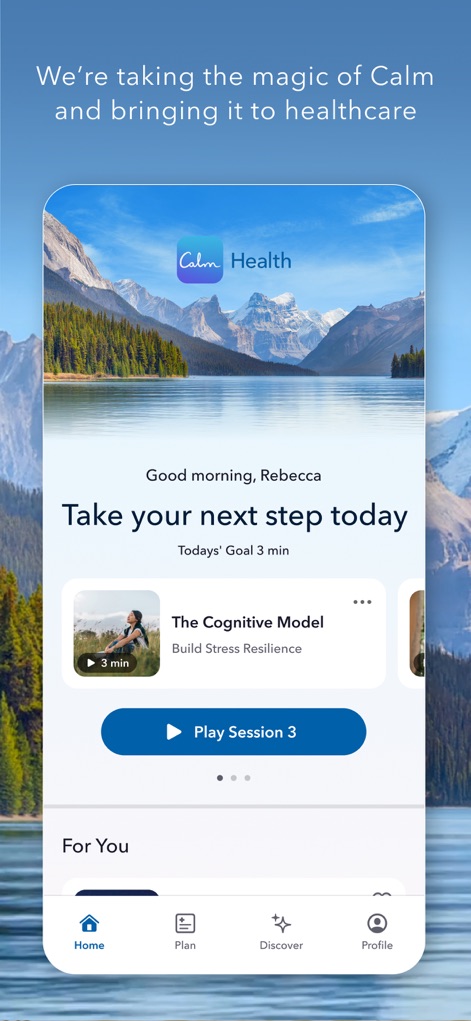 Calm Health - The app presents a welcoming, personalized greeting to users like "Good morning, Rebecca," paired with an intuitive navigation bar at the bottom for easy access to features.