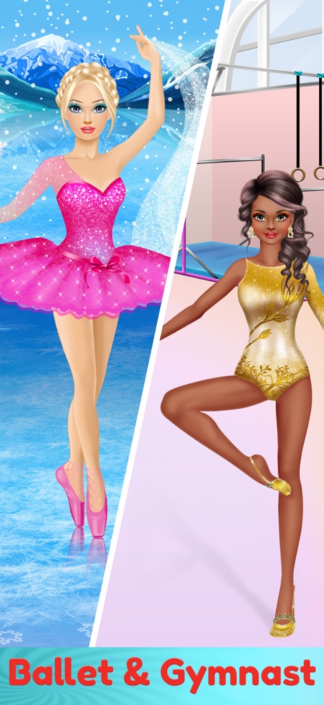 Dress Up & Makeup Girl Games - O aplicativo oferece personalização para uma bailarina em tutu rosa e uma ginasta em collant dourado.
