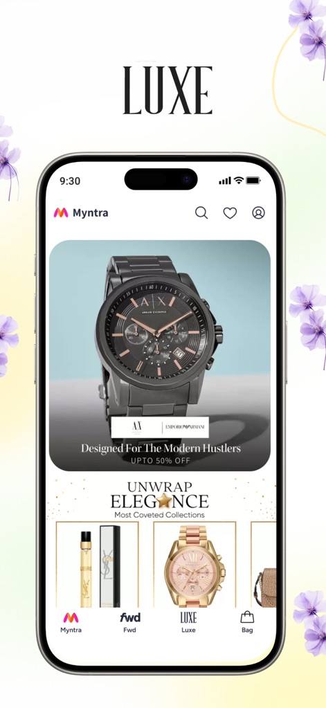 Myntra - Fashion Shopping App - Discover exclusive high-fashion items within the LUXE category, featuring premium products like an Emporio Armani watch and luxury perfumes.