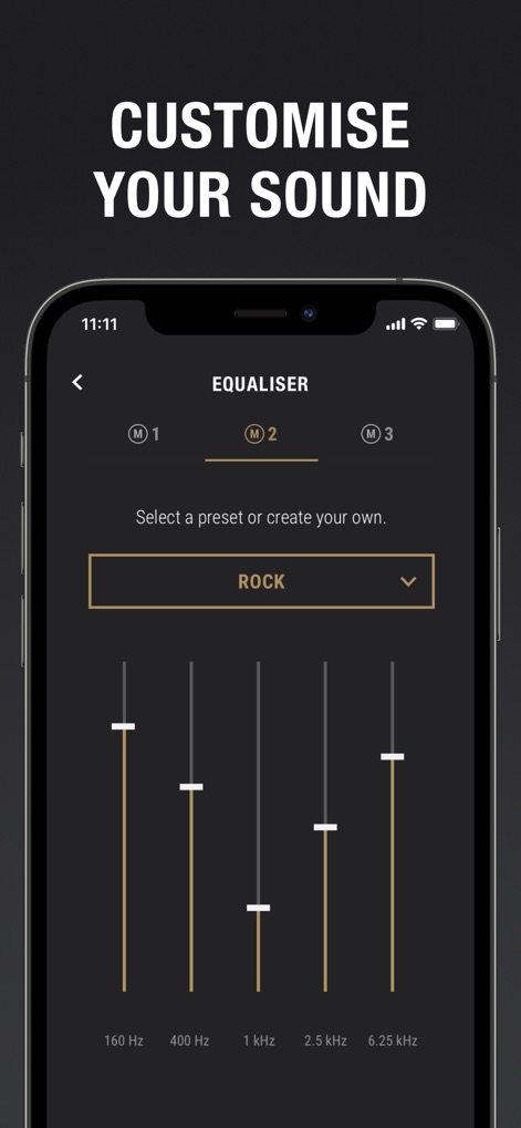 Marshall Bluetooth - Dieses Tool ermöglicht eine feine Abstimmung des Klangs durch den Equalizer mit einstellbaren Frequenzbändern und bietet zudem vordefinierte Sound-Presets wie "ROCK" zur schnellen Auswahl.
