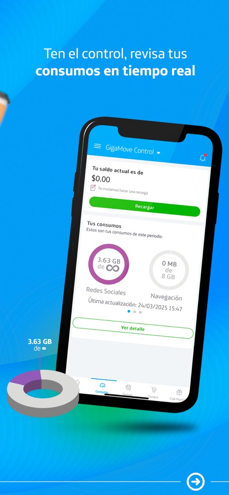 Movistar MX–Tu línea en la App - Esta herramienta ofrece un monitoreo preciso del consumo, mostrando el 'saldo actual' y el detalle de 'gigas para Redes Sociales' y 'Navegación' con fecha de actualización.