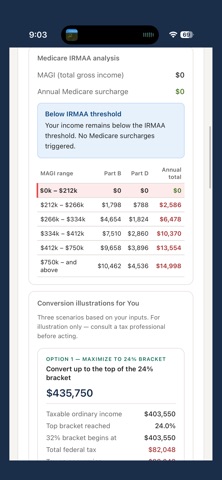 Roth Conversion Calculator iPhone screenshot