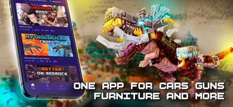 Mods, Skins for Minecraft PE - Discover the app's streamlined interface showcasing diverse addon categories like 'Characters' and 'Weapons', complemented by an impressive robotic-dragon creature, emphasizing content variety.