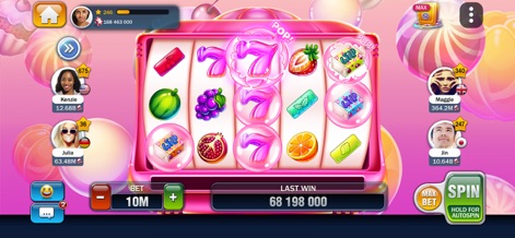 Billionaire Casino Slots 777 - Players discover a delightful candy-themed slot, featuring a variety of colorful fruit and sweet symbols, enhanced by playful bubbling visual effects.