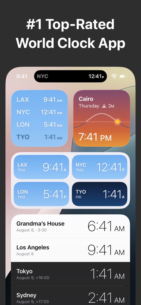 World Clock Time Zone Widgets - L'app offre widget di varie dimensioni e stili, come si vede nei riquadri compatti e in quelli più estesi, consentendo agli utenti di monitorare diverse città dalla schermata Home.