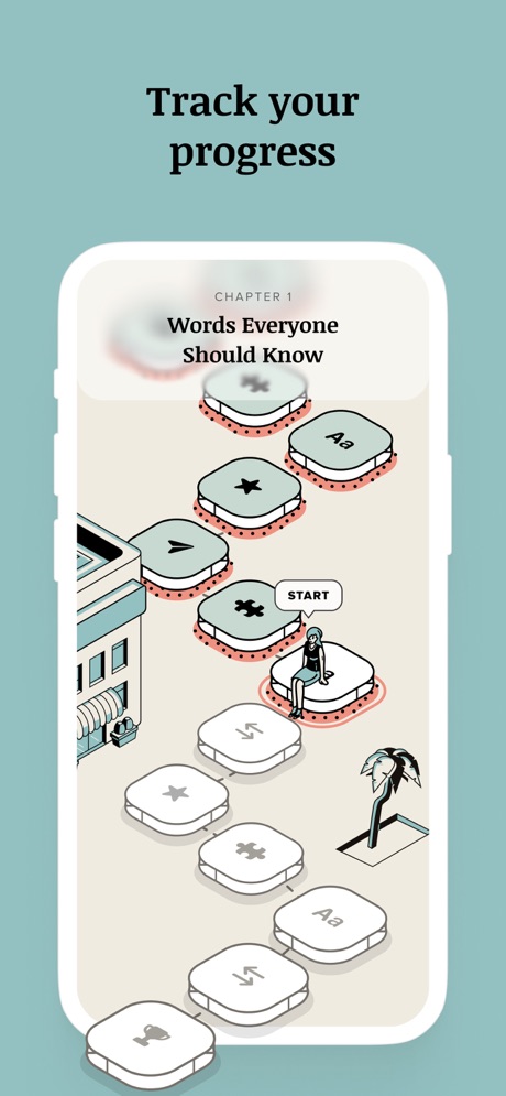 Vocabulary - Learn words daily App Store screenshot 3, headline “Track your progress”. Teal.