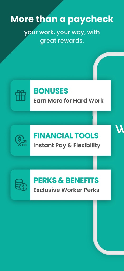 WorkWhile - La aplicación ofrece un valor añadido, mostrando secciones dedicadas a 'Bonuses' por el esfuerzo y 'Perks & Benefits' que enriquecen la experiencia laboral.
