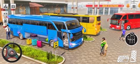 Bus Simulator Driving Game 3D - La escena en la estación de autobuses muestra pasajeros embarcando y su equipaje en el maletero, reflejando el sistema de gestión de pasajeros de la aplicación.