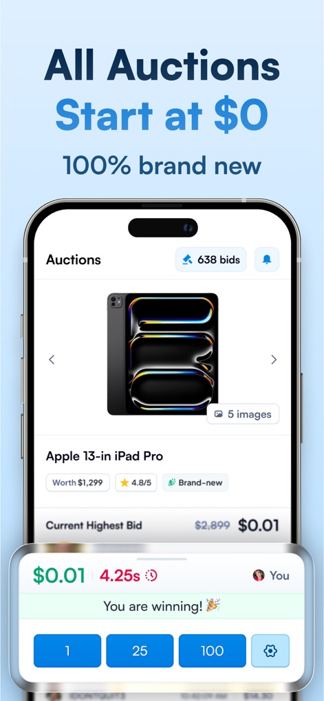 DealDash - Bid & Save Auctions - This interface shows users a live auction with dynamic bidding buttons and detailed product information like the "Apple 13-in iPad Pro" and its current bid status.