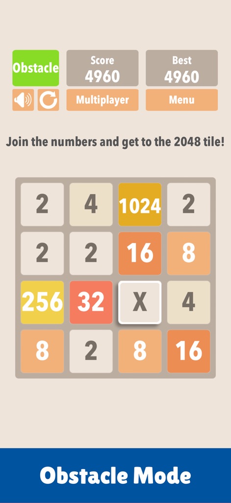 2048 :) - この画像は、ボード上の「X」障害物タイルや、上部に示される「Obstacle」モードのラベルにより、通常とは異なる戦略が求められるゲームプレイを提供します。