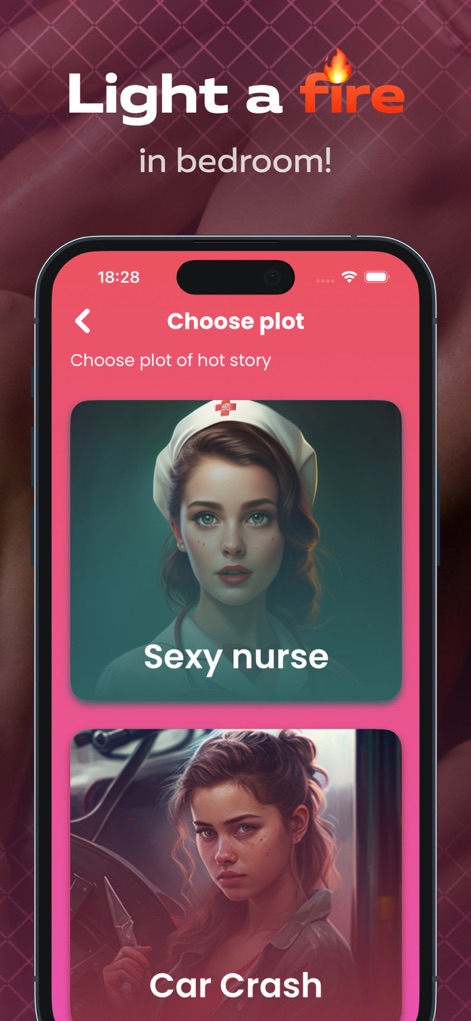 Spicy Couples: Adult Sexy Game - Con el lema 'Light a fire in bedroom!', esta sección permite a los usuarios 'Choose plot' para narrativas íntimas, presentando opciones de roles o escenarios como 'Sexy nurse' y 'Car Crash' para avivar la imaginación.