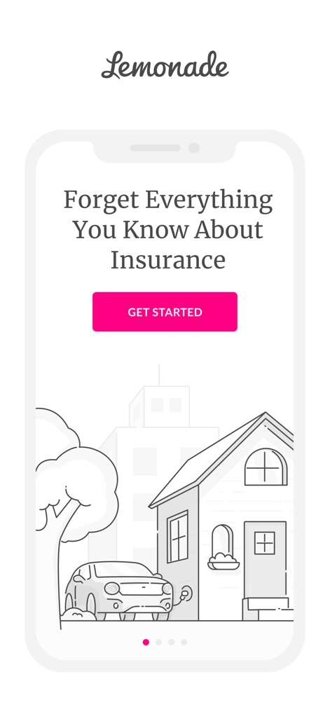 Lemonade Insurance - Diese Einführung präsentiert den einfachen Startpunkt der App, gekennzeichnet durch eine auffordernde Überschrift zur Neugestaltung der Versicherungsansicht und einem prominenten "GET STARTED"-Button zur sofortigen Interaktion.