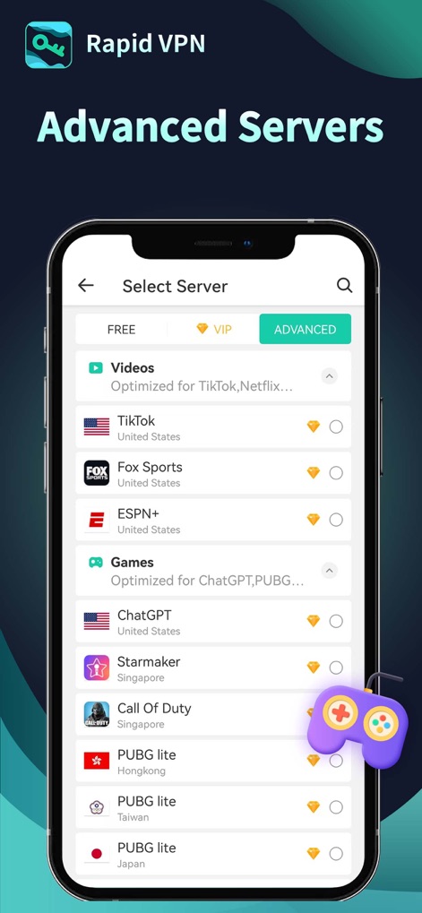 Rapid VPN - Safe & Fast Proxy - Users can explore specialized server categories for 'Videos' and 'Games', showcasing optimized connections for popular services like Netflix and PUBG.