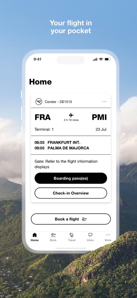 Condor Airlines - Esta pantalla principal ofrece un resumen conciso del vuelo, mostrando la ruta 'FRA ✈️ PMI' y el tiempo estimado, con acceso directo a la 'Boarding pass(es)' para mayor comodidad.