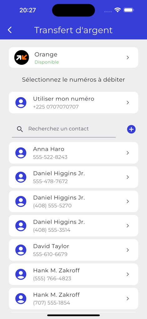 WalliSend - The app simplifies transfers by allowing users to select contacts from an organized list or choose to use their own number as the source for debiting funds.