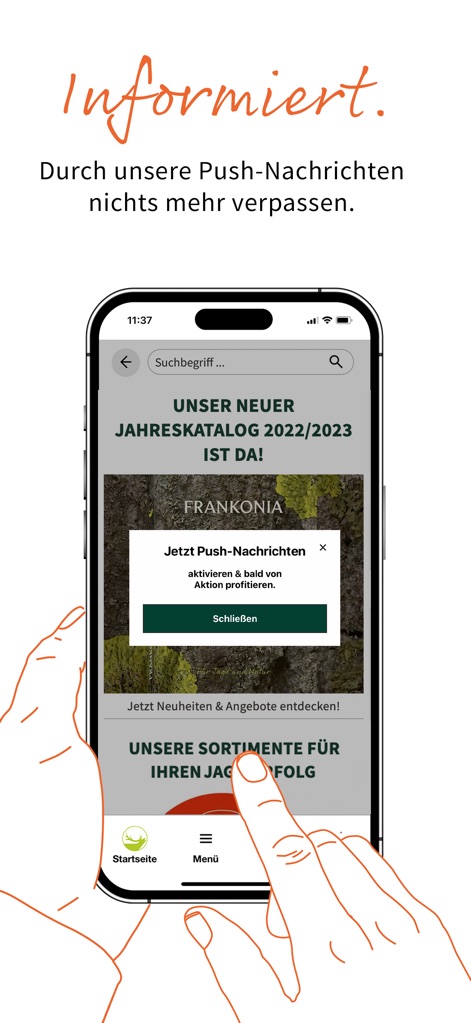 Frankonia - Online-Shop - L'application Frankonia vous assure de ne manquer aucune offre grâce à ses **alertes personnalisées**. Les utilisateurs peuvent facilement activer les notifications push pour découvrir les dernières nouveautés et les promotions exclusives, comme la mise en avant du **nouveau catalogue annuel**.