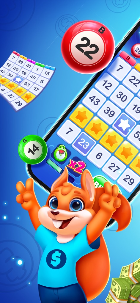 Bingo Billions: Win Real Cash! - The app showcases dynamic bingo balls and the interactive star-filled bingo card, providing a glimpse into its vibrant gameplay.