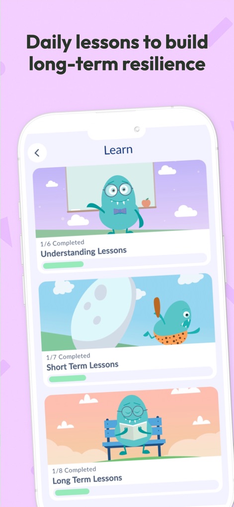 Rootd: Panic Attacks & Anxiety - A seção "Learn" organiza lições em categorias como "Understanding Lessons" e "Long Term Lessons", com indicadores de progresso visuais ("1/6 Completed") para motivar a aprendizagem contínua do usuário.