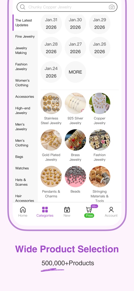 Nihaojewelry-Wholesale Online - Die App bietet eine beeindruckende Auswahl von über 500.000 Produkten, übersichtlich in Kategorien wie 'Stainless Steel Jewelry' und 'Bags' organisiert, die die Produktbreite unterstreichen.