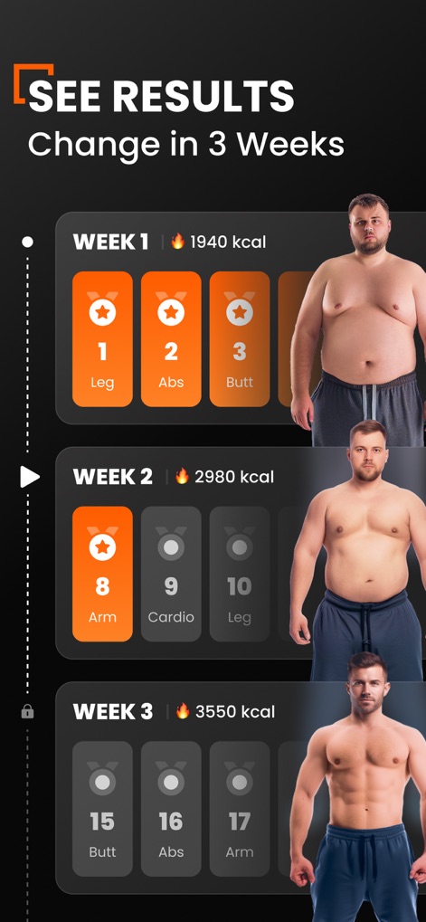 Home Workout for Men - Users can track their journey with detailed weekly exercise breakdowns and visualize their progressive body transformation through comparison images.