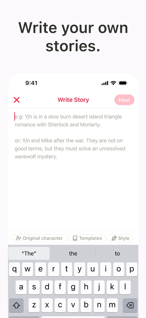 Y/n - Users can unleash their creativity by utilizing the intuitive writing interface and leveraging features like 'Original character' and 'Templates' to guide their story development.