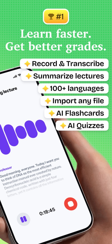 Kiwi AI - Notetaker - Die Abbildung zeigt, wie Nutzer schneller lernen und bessere Noten erzielen können, indem sie Features wie "Record & Transcribe" und "AI Flashcards" nutzen.