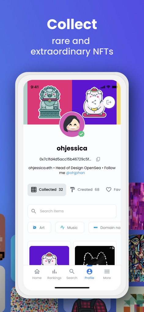OpenSea: NFT marketplace - Manage digital assets on the user profile screen, showcasing a personalized identity with 'Collected' and 'Created' NFT counts, allowing for a clear overview of owned and minted items.