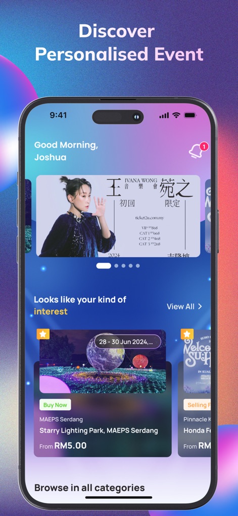 Ticket2U - このアプリは、ユーザーの興味に基づいた「パーソナライズされたイベントの推薦」と、「Good Morning, Joshua」のような個別の挨拶を表示し、快適なユーザー体験を提供します。