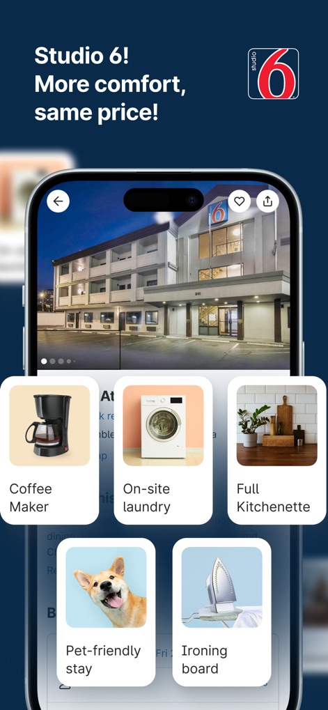 Motel 6: Book Hotels,My6 Deals - This view details the comprehensive amenities available at Studio 6 locations, showcasing options like a 'Full Kitchenette' and 'On-site laundry' for extended stays.
