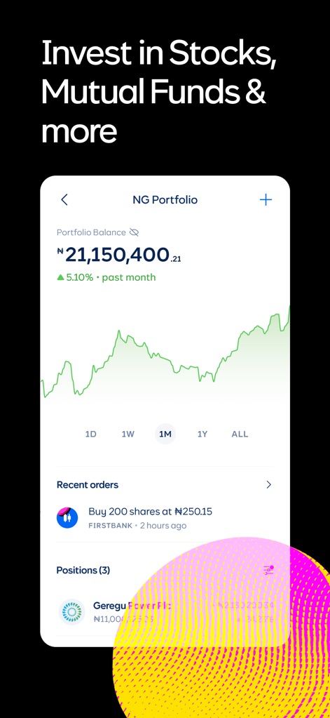 Cowrywise: Save & Invest Money - 本ツールは、過去1ヶ月のポートフォリオパフォーマンスをインタラクティブなグラフで視覚化し、ユーザーの最近の注文履歴も詳細に表示します。