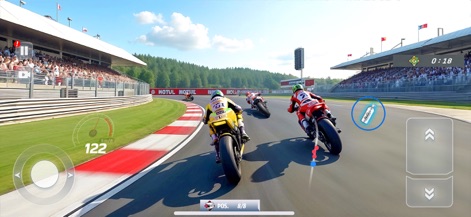 GT Bike Racing Motorcycle Game - Die App präsentiert dynamische Rennszenen mit mehreren Kontrahenten, die um die Führung kämpfen, und detailreichen Tribünen, die eine realistische Rennatmosphäre schaffen.