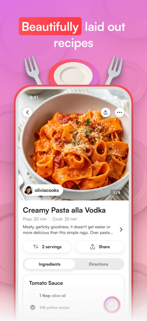 Osta: Save & Share Recipes - Examine Osta's clutter-free recipe display, featuring high-quality food photography and distinct tabs for ingredients and cooking directions.