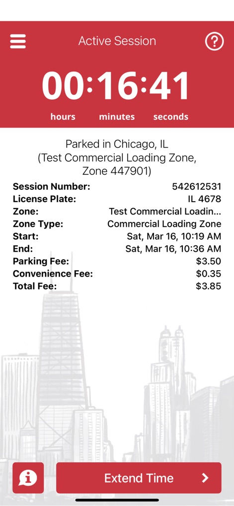 ParkChicago® - This view provides a complete overview of an active parking session, detailing the specific "Zone Type" and the overall "Total Fee" for transparency.