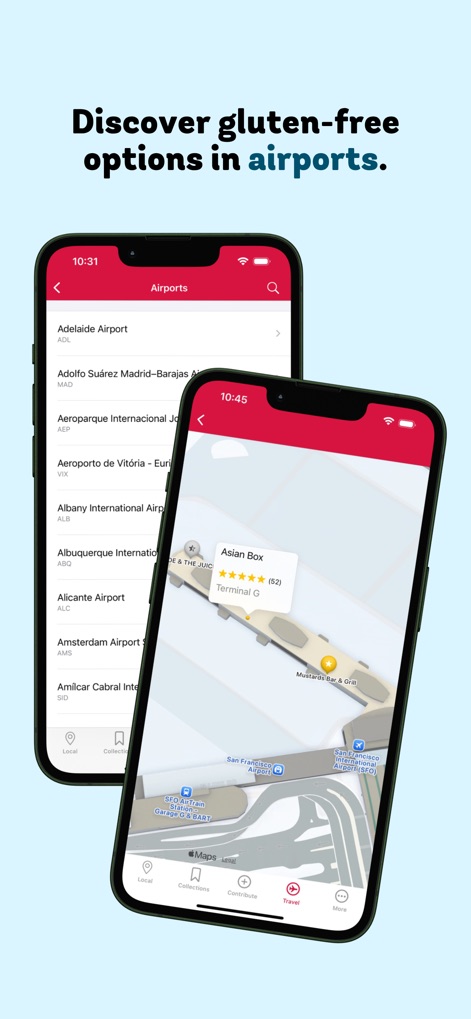 Find Me Gluten Free - This tool helps users navigate gluten-free dining within airports, showing a list of available airports and a detailed map view of options at a specific location.
