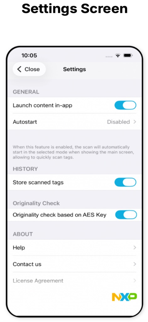 NFC TagInfo by NXP - Users can customize their experience through the Settings, adjusting features like "Launch content in-app" and enabling "Originality check based on AES Key" for enhanced security.