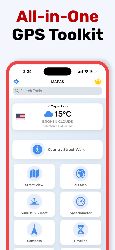 MAPAS: Live Street View & GPS - The app integrates a full GPS toolkit, providing essential navigation features such as a detailed 3D Map and a precise digital Compass for enhanced exploration.