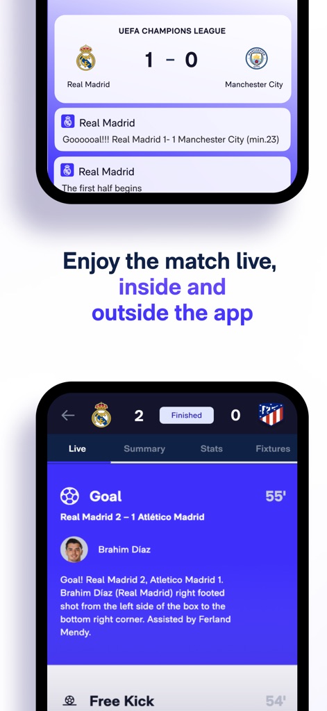 Real Madrid - Witness the thrill of live football with dynamic play-by-play commentary and instant goal announcements, as demonstrated by the 'Goaaaal!!!' alert and Brahim Díaz's scoring details.