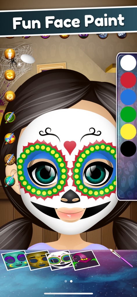 Halloween Face Paint Salon - Discover the app's capability to create elaborate artistic designs, featuring precise pattern application and a broad spectrum of colors from the palette.