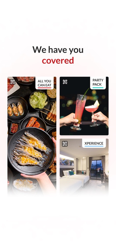 Hungry Hub - Dining Offer App - This screen showcases the app's comprehensive offerings, from the indulgent 'All You Can Eat' package to the unique 'Xperience' options covering activities and staycations.