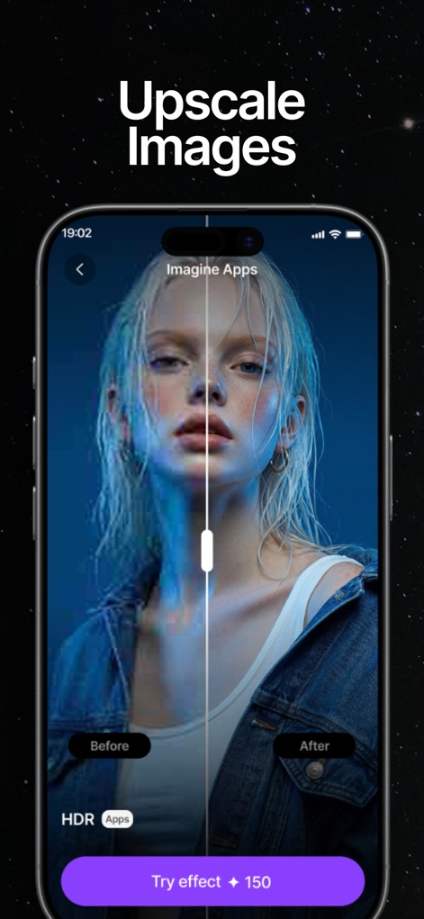 ImagineArt: AI Video Generator - A captura de tela explica visualmente o recurso de aprimoramento de imagem, usando um controle deslizante 'Antes & Depois' para comparar uma imagem de menor resolução com sua versão aprimorada e de alta definição.