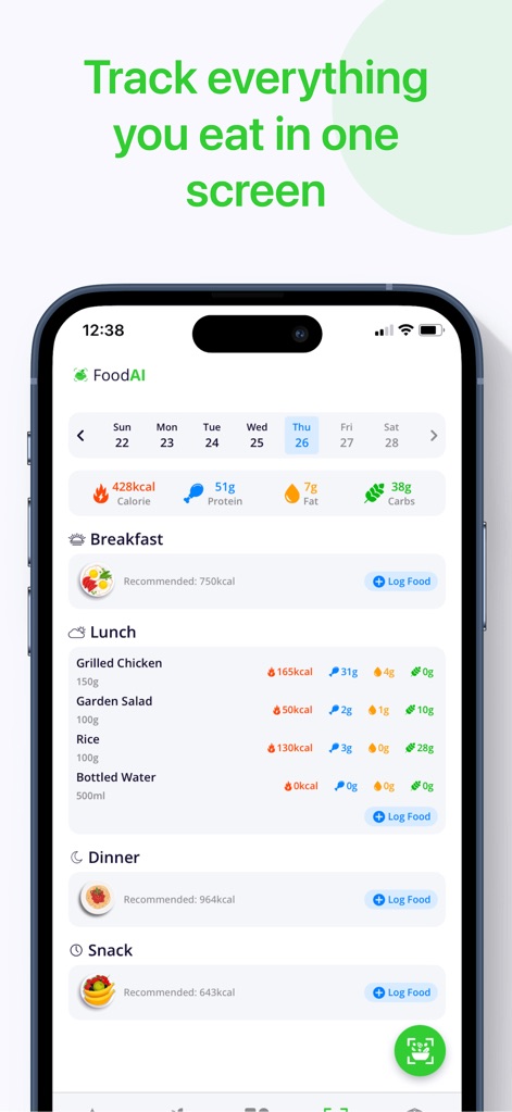 Calorie Tracker・Diet: Food AI - 本ツールは、日ごとの食事内訳と詳細な栄養表示を提供し、1画面で確認できる各食事の合計カロリーとマクロ栄養素を通じて、日々の食事管理を簡素化します。